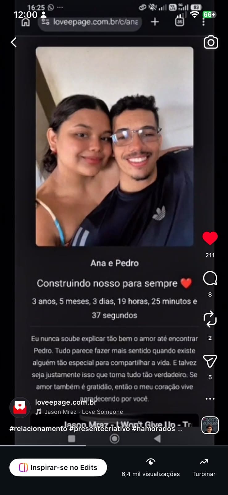 Prova social de página romântica viral no TikTok por @anasou_a