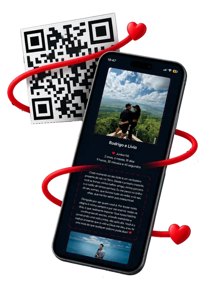 Exemplo de página romântica para casal com fotos, contador de relacionamento e QR Code